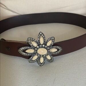 Elegant Brown Belt with Cream Floral Buckle